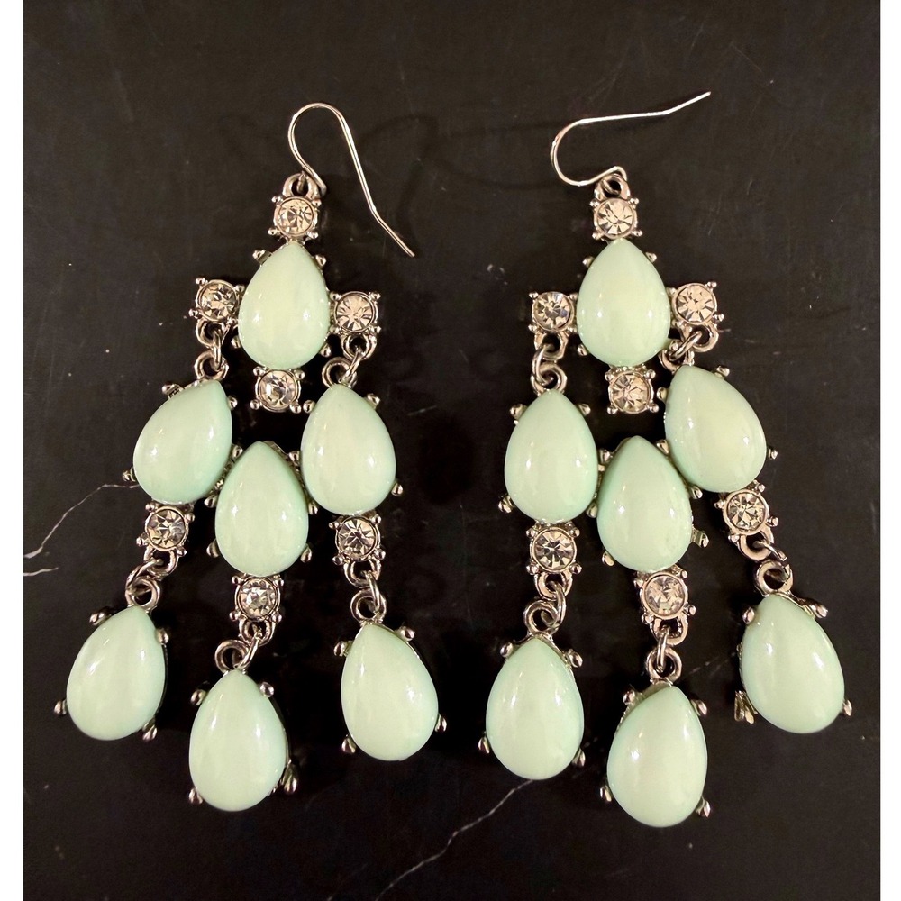 Vintage Pale Green and Rhinestone Chandelier Dangle Earrings 2 5/8in X 1 1/4in